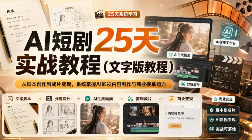 AI短剧25天实战教程(文字版教程)，从脚本创作到成片变现，系统掌握AI影视内容制作与商业接单能力-初创源码资源站