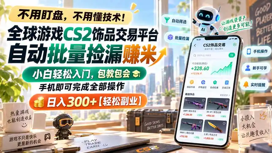 全球游戏CS2饰品交易平台自动批量捡漏赚米，小白轻松入门，包教包会，手机即可完成全部操作，日入300+【轻松副业】-初创源码资源站