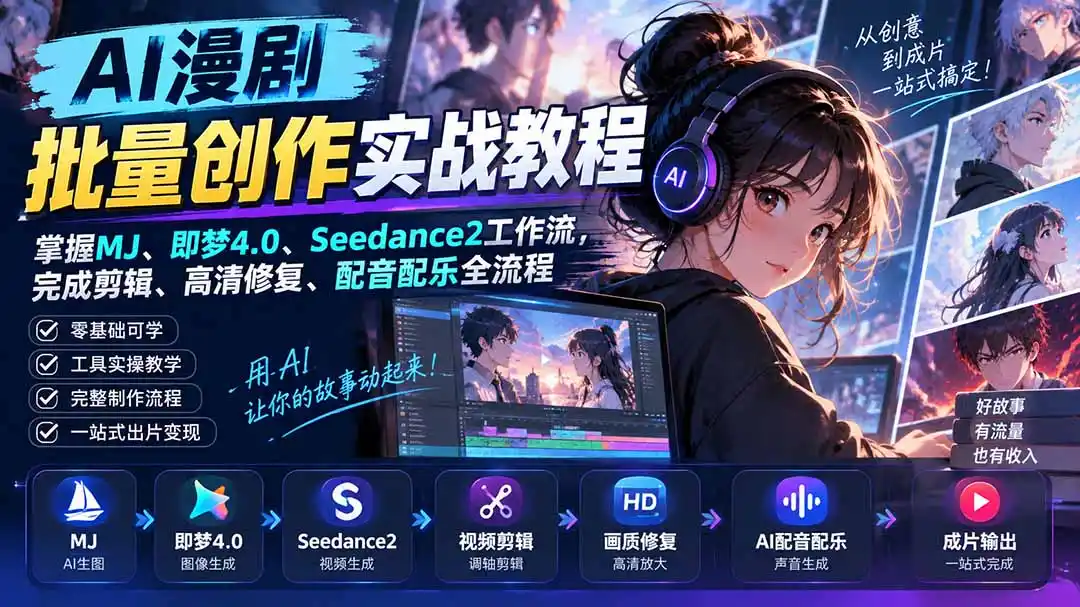 AI漫剧批量创作实战教程：掌握MJ、即梦4.0、Seedance2工作流，完成剪辑、高清修复、配音配乐全流程-初创源码资源站