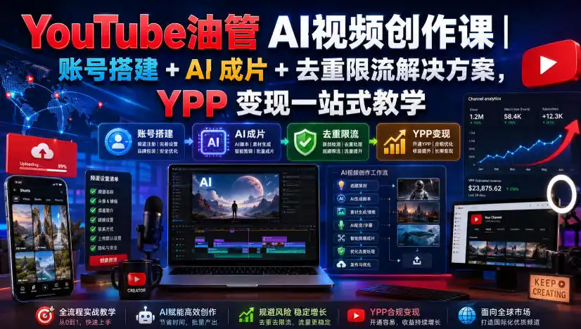 初创源码资源站 YouTube油管AI视频创作课|账号搭建+AI成片+去重限流解决方案YPP变现一站式教学更新0817