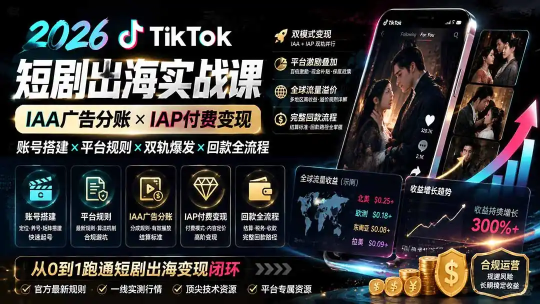 2026TikTok短剧出海实战课：IAA广告分账×IAP付费变现×账号搭建×平台规则×双轨爆发×回款全流程 - 初创源码资源站-初创源码资源站
