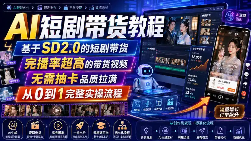 初创源码资源站 AI短剧带货教程基于SD20的短剧带货完播率超高的带货视频无需抽卡品质拉满从0到1完整实操流程