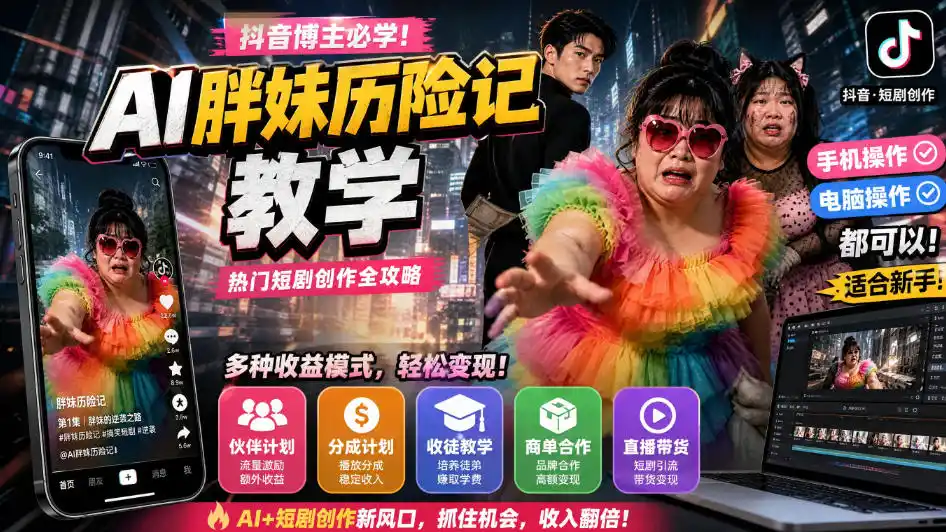 抖音博主的AI胖妹历险记教学，伙伴计划+分成计划+收徒+商单等多种收益，适合新手，手机电脑都可以操作 - 初创源码资源站-初创源码资源站