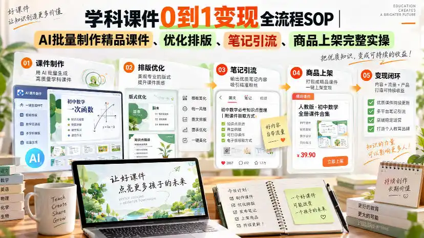 初创源码资源站 学科课件0到1变现全流程SOP|AI批量制作精品课件优化排版笔记引流商品上架完整实操