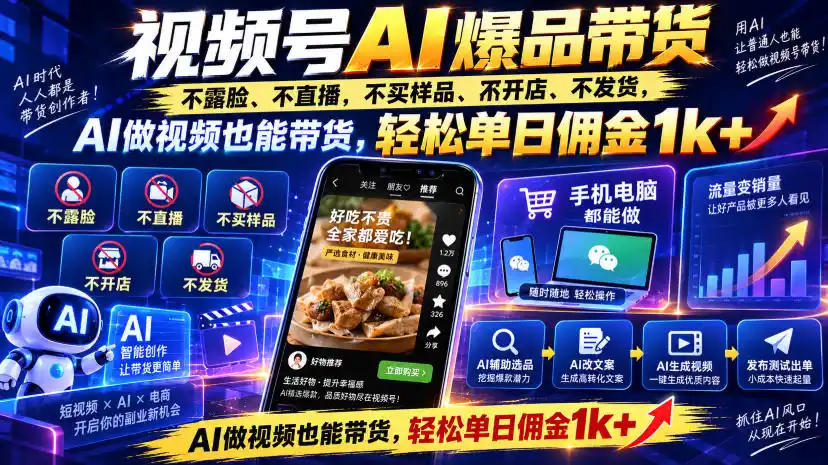 视频号Ai爆品带货，不露脸、不直播、不买样品、不开店、不发货，AI做视频也能带货，轻松单日佣金1k+-初创源码资源站