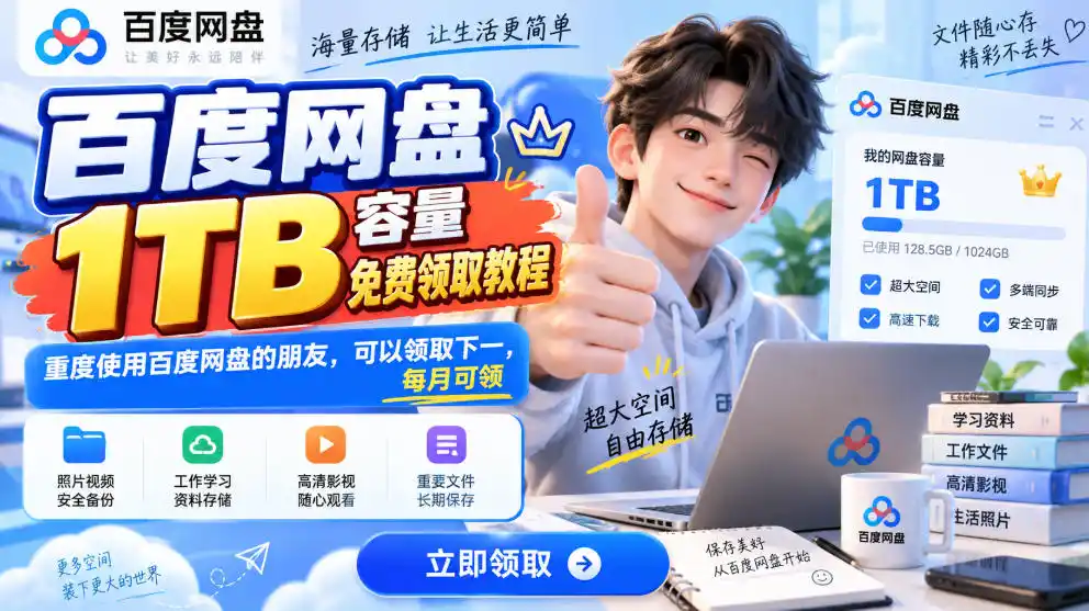 初创源码资源站 百度网盘1TB容量免费领取教程重度使用百度网盘的朋友可以领取下一每月可领