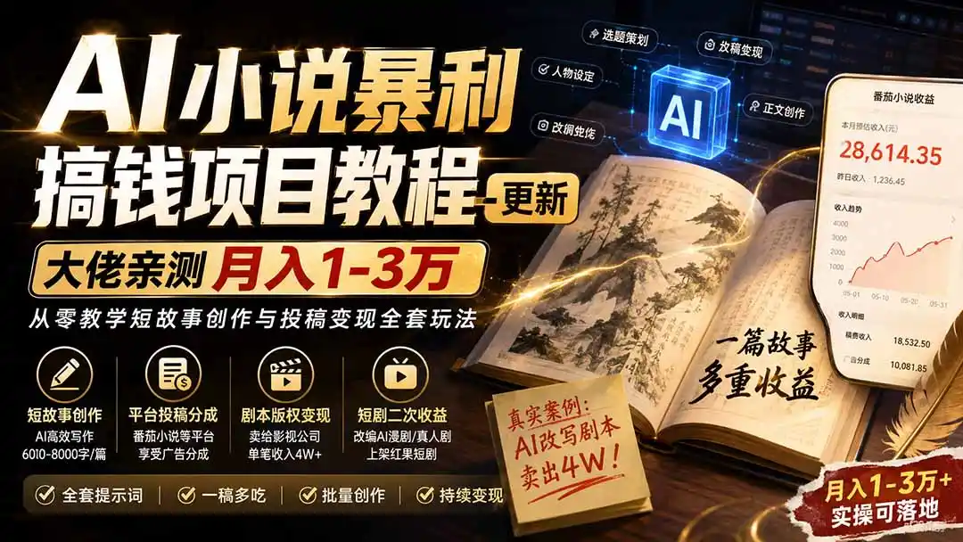 AI小说短故事暴利搞钱项目教程-更新，大佬亲测月入1-3万，从零教学短故事创作与投稿变现全套玩法-初创源码资源站