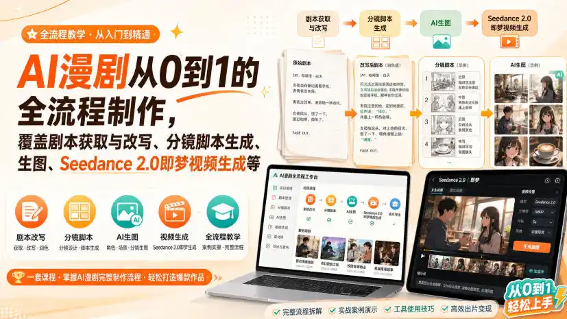 初创源码资源站 AI漫剧从0到1的全流程制作覆盖剧本获取与改写分镜脚本生成角色场景生图与三视图Seedance 20即梦视频生成PDF版
