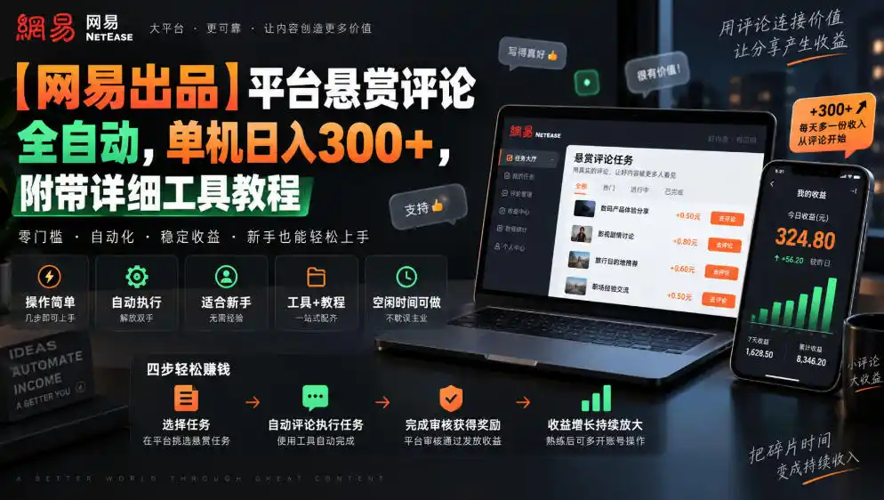 【网易出品】平台悬赏评论全自动，单机日入300+，附带详细工具教程【揭秘】-初创源码资源站