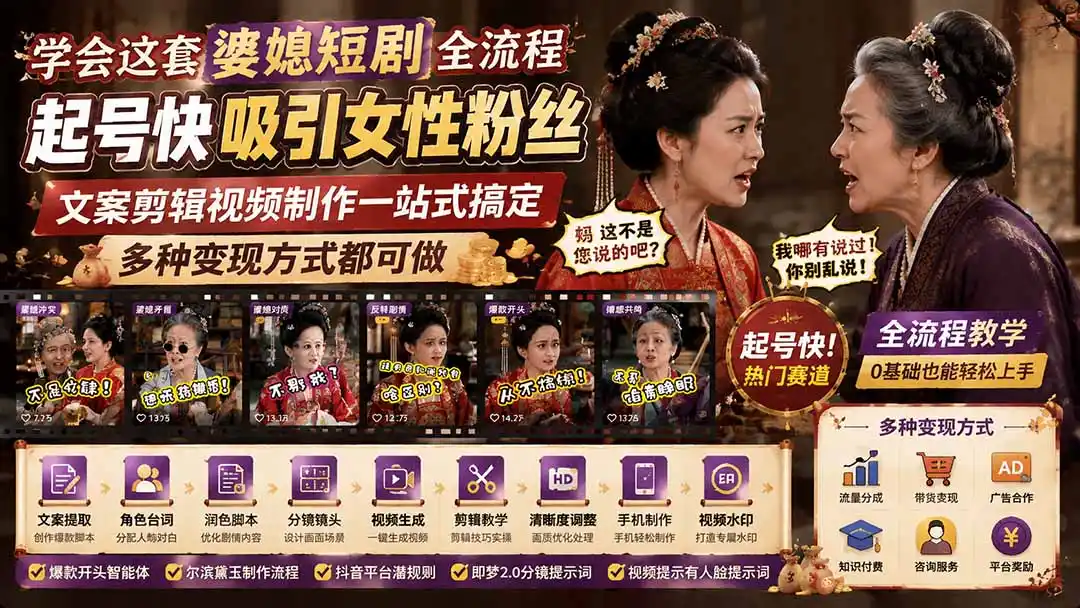 学会这套婆媳短剧全流程：起号快吸引女性粉丝，文案剪辑视频制作一站式搞定，多种变现方式都可做-初创源码资源站