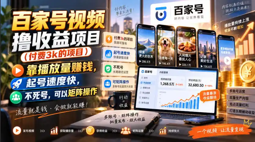 初创源码资源站 百家号视频撸收益项目付费3k的项目靠播放量賺钱起号速度快不死号可以矩阵操作