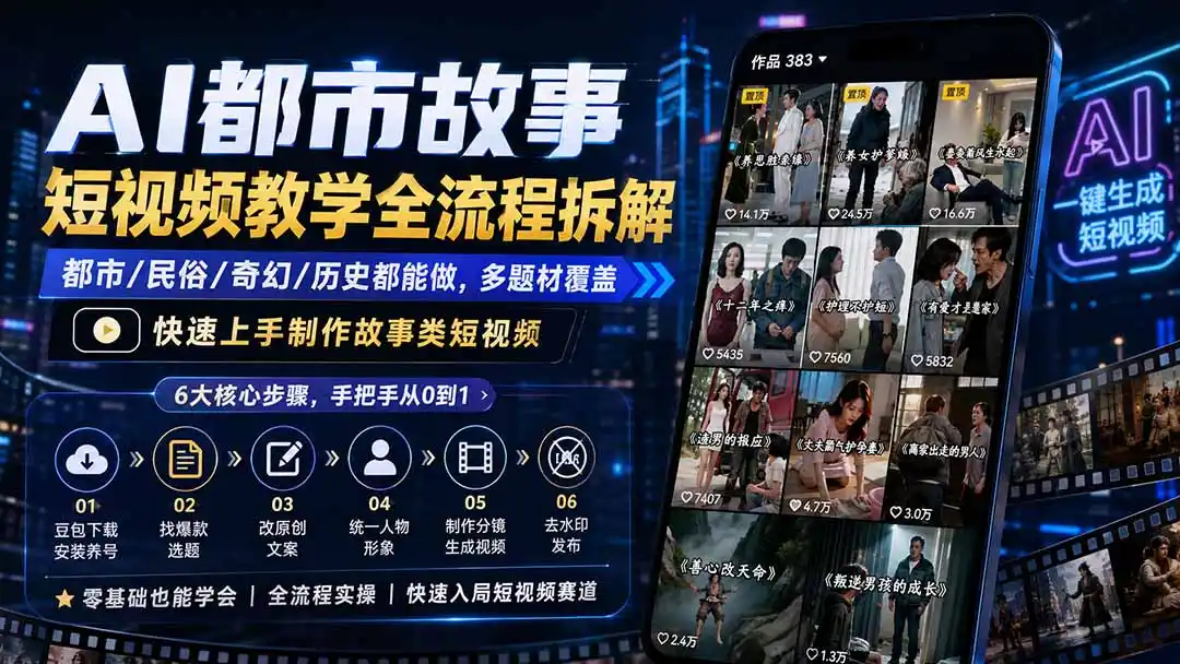 AI都市故事短视频教学全流程拆解；都市/民俗/奇幻/历史都能做多题材覆盖，快速上手制作故事类短视频-初创源码资源站