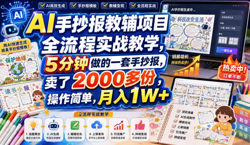 初创源码资源站 AI手抄报教辅项目全流程实战教学5分钟做的一套手抄报卖了2000多份操作简单月入1W+