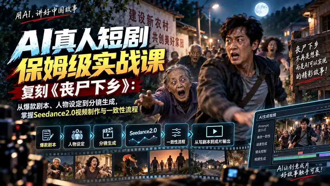 AI真人短剧保姆级实战课，复刻《丧尸下乡》：从爆款剧本、人物设定到分镜生成，掌握Seedance2.0视频制作与一致性流程-初创源码资源站