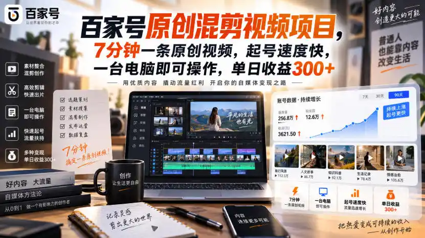 百家号原创混剪视频项目，7分钟一条原创视频，起号速度快，一台电脑即可操作，单日收益300+-初创源码资源站