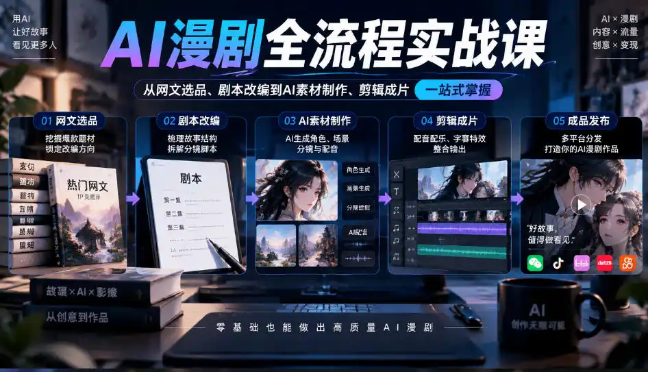 初创源码资源站 AI漫剧全流程实战课覆盖从网文选品剧本改编到AI素材制作剪辑成片的完整链路