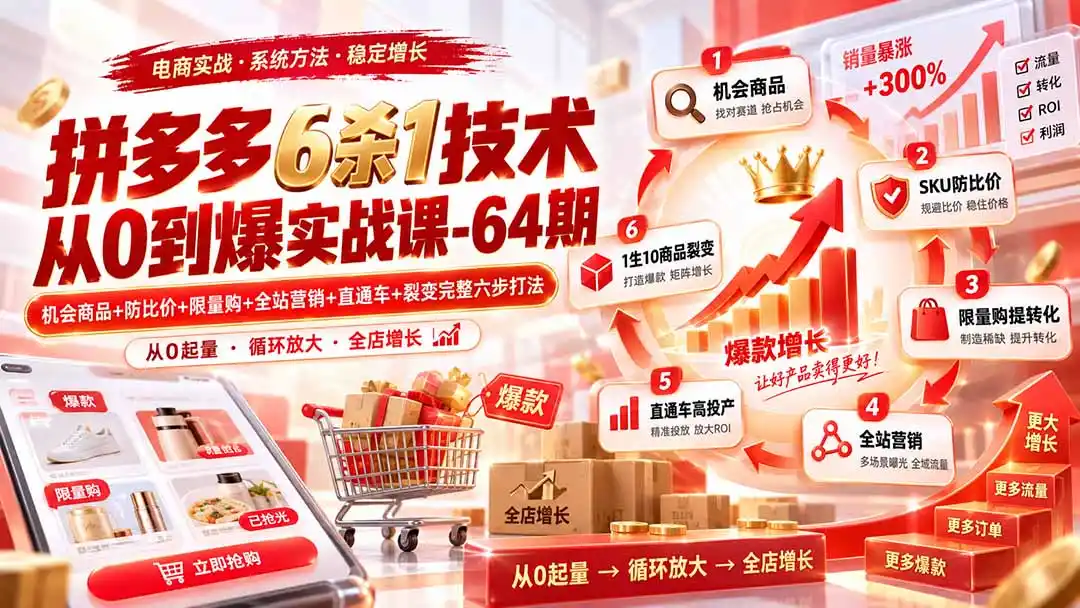 拼多多6杀1技术从0到爆实战课-64期：机会商品+防比价+限量购+全站营销+直通车+裂变完整六步打法-初创源码资源站