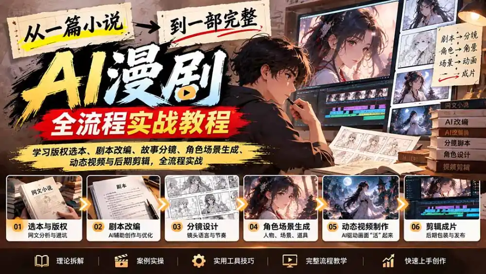 从一篇小说到一部完整AI漫剧：学习版权选本、剧本改编、故事分镜、角色场景生成、动态视频与后期剪辑-初创源码资源站