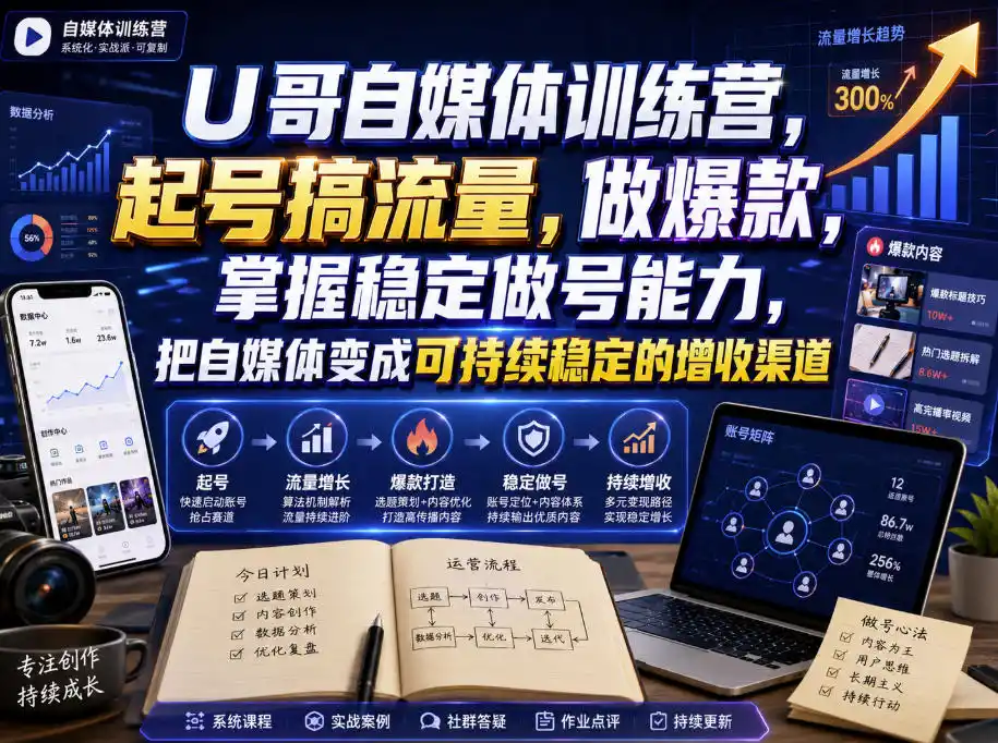 U哥自媒体训练营，起号搞流量，做爆款，掌握稳定做号能力，把自媒体变成可持续稳定的增收渠道-初创源码资源站