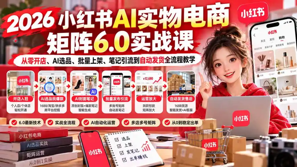 2026小红书AI实物电商矩阵6.0实战课：从零开店、AI选品、批量上架、笔记引流到自动发货全流程教学-初创源码资源站