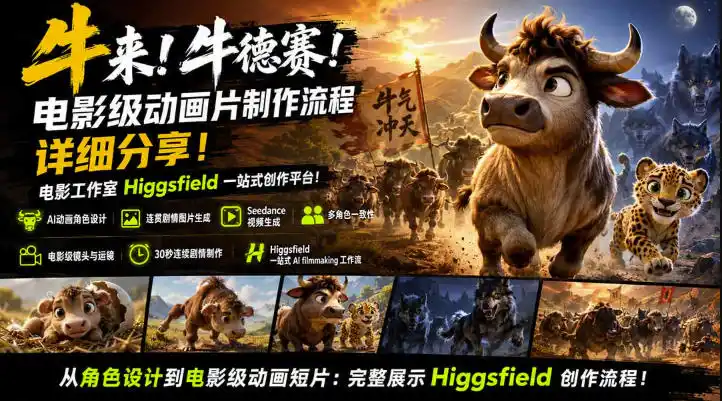 牛来!牛德赛!电影级动画片制作流程详细分享!电影工作室Higgsfield一站式创作平台,完整创作流程-初创源码资源站