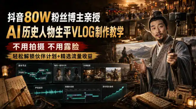初创源码资源站 抖音80W粉丝博主的AI历史人物生平VLOG教学不用拍摄不用露脸AI帮你搞定轻松解锁伙伴计划+精选收益