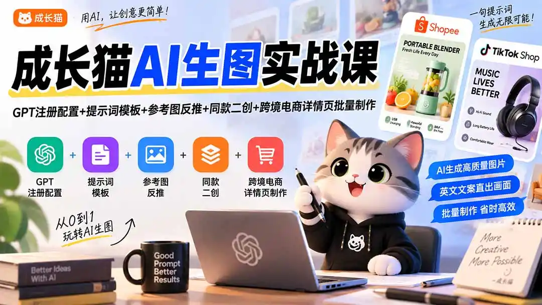 成长猫AI生图实战课｜GPT注册配置+提示词模板+参考图反推+同款二创+跨境电商详情页批量制作-初创源码资源站