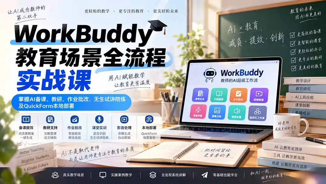 WorkBuddy教育场景全流程实战课：掌握AI备课、教研、作业批改、无生试讲陪练及QuickForm本地部署-初创源码资源站