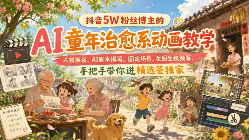 抖音5W粉丝博主的AI童年治愈系动画教学，人物换装、AI脚本撰写、固定场景、生图生视频等，手把手带你进精选签独家-初创源码资源站
