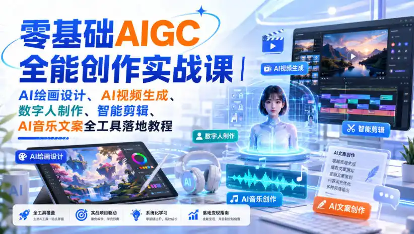 初创源码资源站 零基础AIGC全能创作实战课|AI绘画设计AI视频生成数字人制作智能剪辑AI音乐文案全工具落地教程