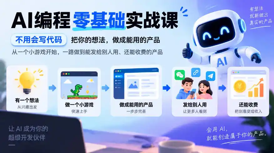 AI编程零基础实战课，不用会写代码，把你的想法，做成能用的产品，从一个小游戏开始，一路做到能发给别人用、还能收费的产品-初创源码资源站
