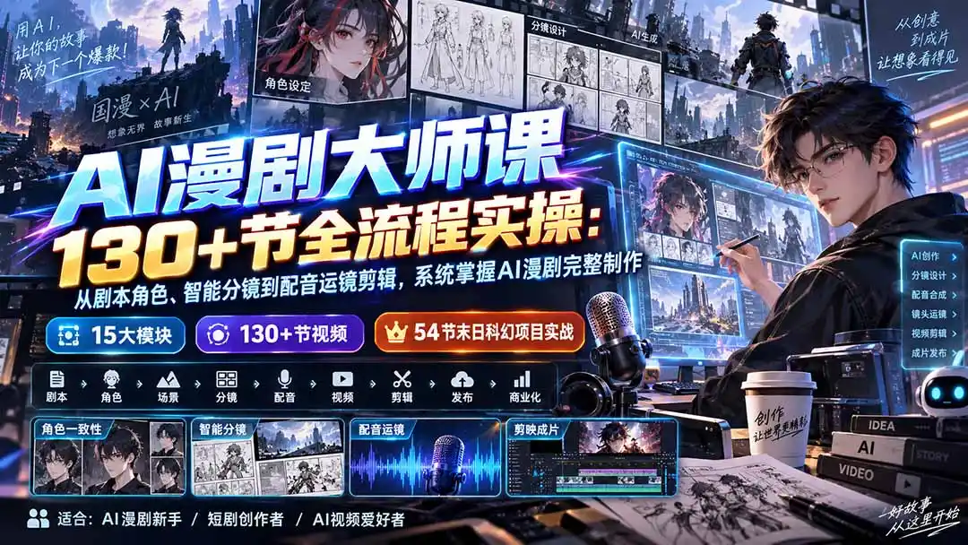 AI漫剧大师课130+节全流程实操：从剧本角色、智能分镜到配音运镜剪辑，系统掌握AI漫剧完整制作-初创源码资源站