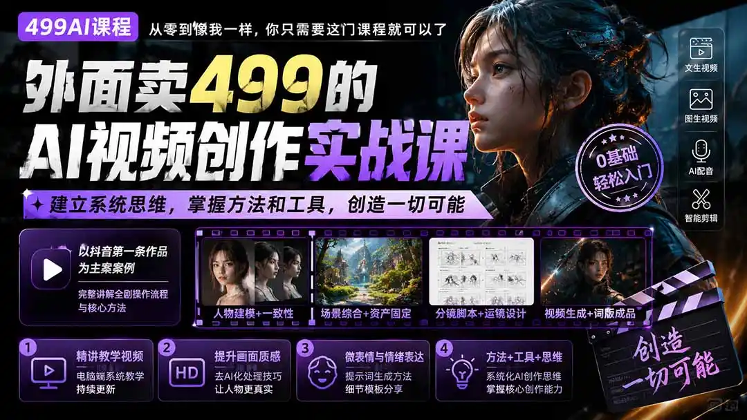 外面卖499的AI视频创作实战课：建立系统思维，掌握方法和工具，创造一切可能。 - 初创源码资源站-初创源码资源站