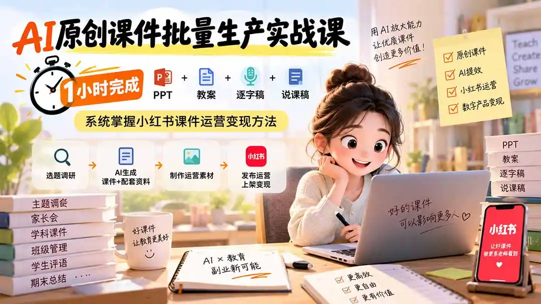 AI原创课件批量生产实战课：1小时完成PPT+教案+逐字稿+说课稿，系统掌握小红书课件运营变现方法-初创源码资源站
