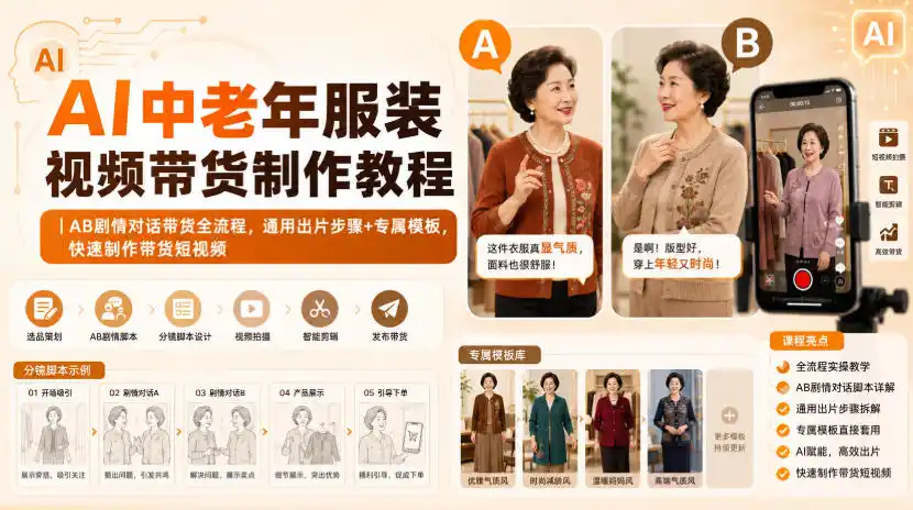 AI中老年服装视频带货制作教程｜AB剧情对话带货全流程，通用出片步骤+专属模板，快速制作带货短视频-初创源码资源站