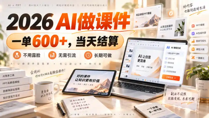 2026 AI做课件，一单600+，当天结算，不用露脸，无需引流，长期可做【揭秘】-初创源码资源站