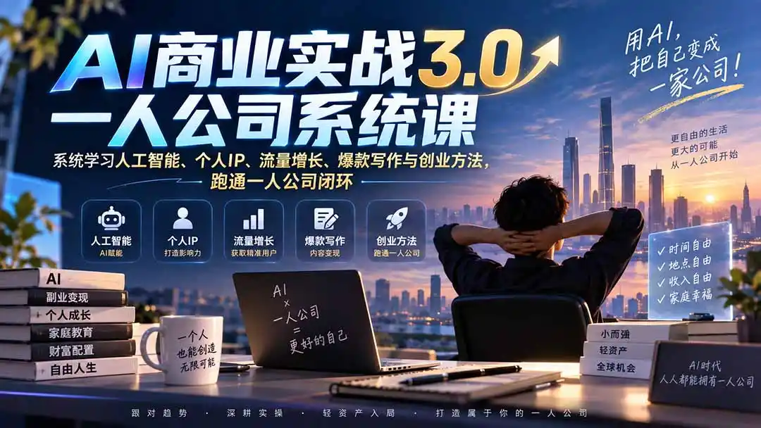 AI商业实战3.0一人公司系统课：系统学习人工智能、个人IP、流量增长、爆款写作与创业方法，跑通一人公司闭环-初创源码资源站