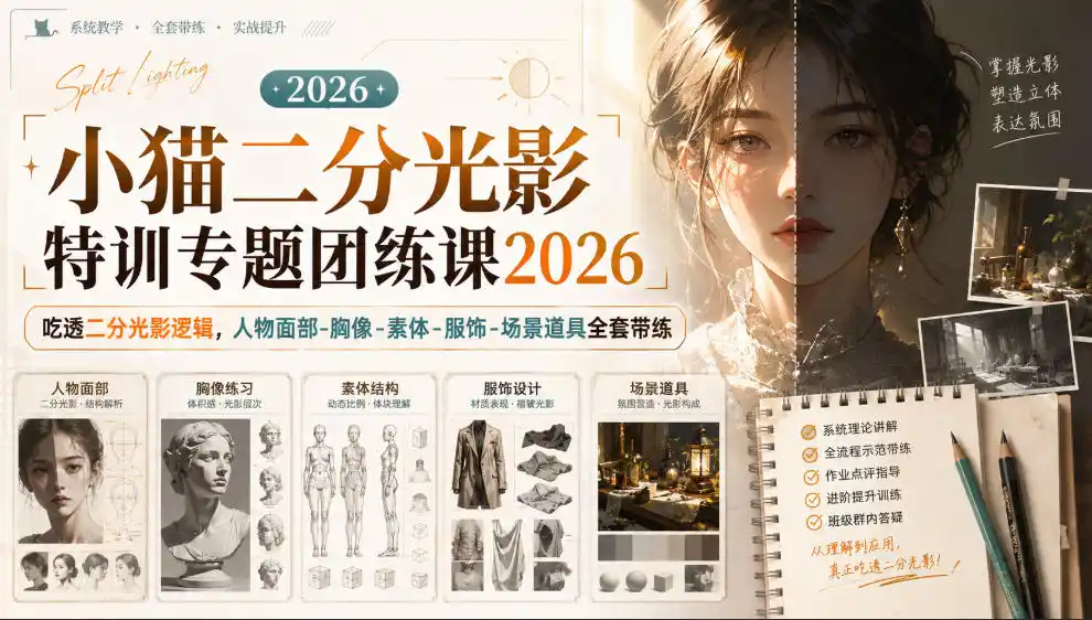 小猫二分光影特训专题团练课2026｜吃透二分光影逻辑，人物面部‑胸像‑素体‑服饰‑场景道具全套带练，高清画质附赠课件与笔刷-初创源码资源站