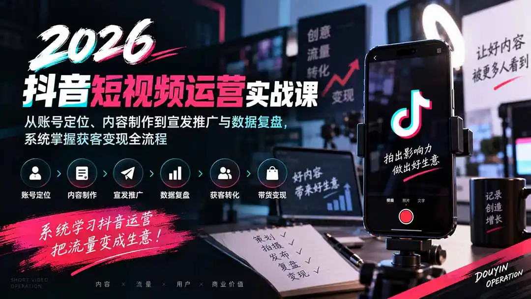 2026抖音短视频运营实战课：从账号定位、内容制作到宣发推广与数据复盘，系统掌握获客变现全流程-初创源码资源站