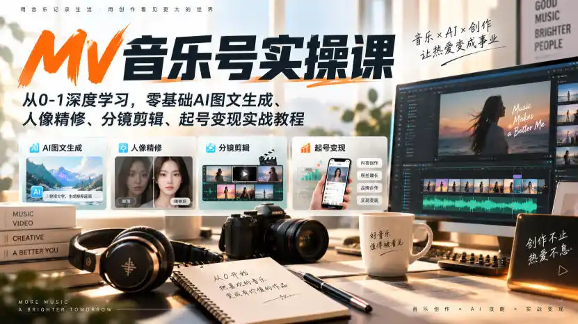 AI MV音乐号实操课，从0-1深度学习，零基础AI图文生成、人像精修、分镜剪辑、起号变现实战教程-初创源码资源站