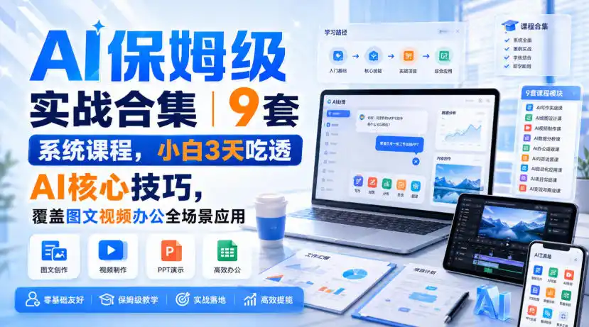 AI保姆级实战合集｜9套系统课程，小白3天吃透AI核心技巧，覆盖图文视频办公全场景应用-初创源码资源站