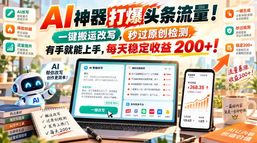 AI神器打爆头条流量，一键搬运改写，秒过原创检测，有手就能上手，每天稳定收益200+！【揭秘】-初创源码资源站