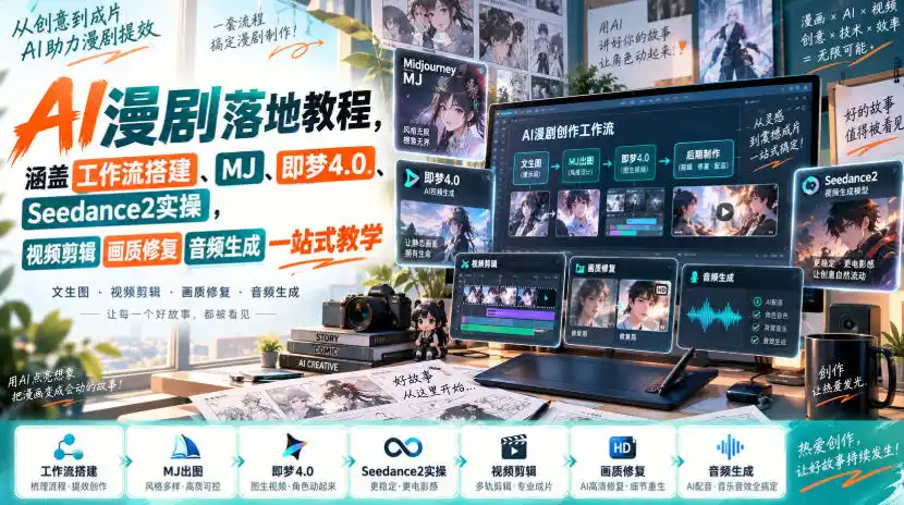 初创源码资源站 AI漫剧落地教程涵盖工作流搭建MJ即梦40Seedance2实操视频剪辑画质修复音频生成一站式教学