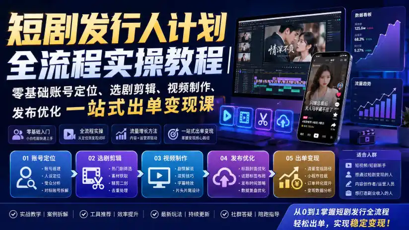 初创源码资源站 短剧发行人计划全流程实操教程|零基础账号定位选剧剪辑视频制作发布优化一站式出单变现课