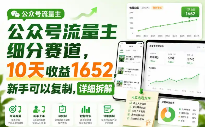 公众号流量主细分赛道，10天收益1652，新手可以复制，详细拆解-初创源码资源站