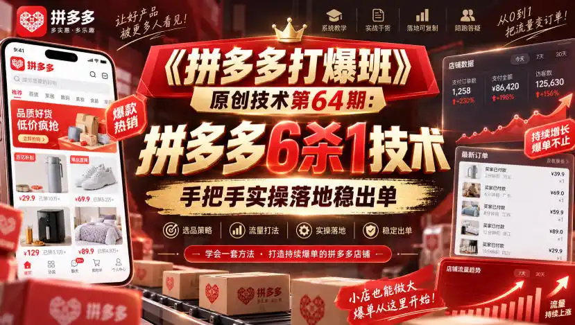 《拼多多打爆班》原创技术第64期：拼多多6杀1技术，手把手实操落地稳出单-初创源码资源站