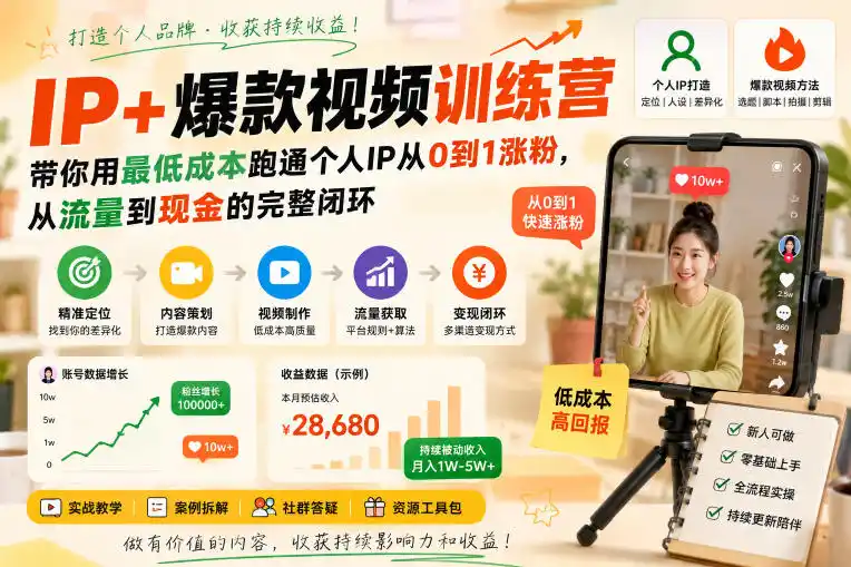 IP+爆款视频训练营，带你用最低成本跑通个人IP从0到1涨粉，从流量到现金的完整闭环-初创源码资源站