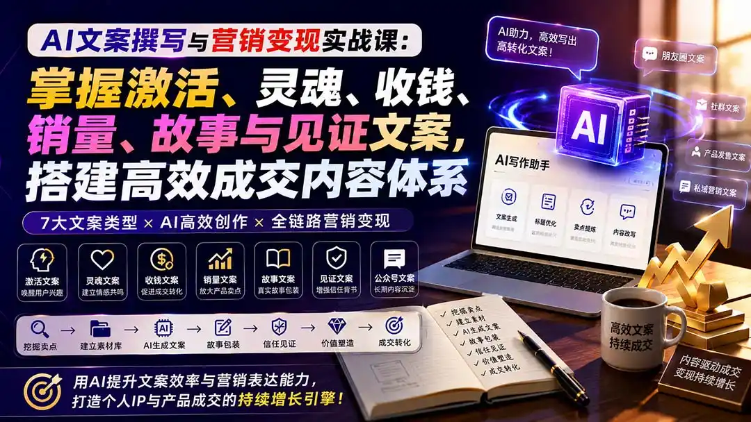 AI文案撰写与营销变现实战课：掌握激活、灵魂、收钱、销量、故事与见证文案，搭建高效成交内容体系-初创源码资源站