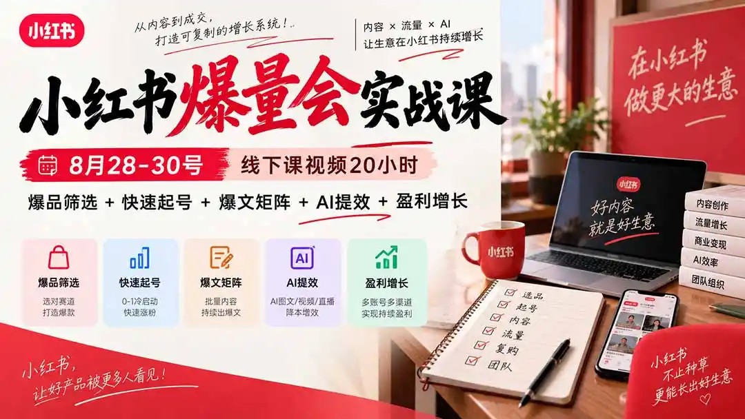 小红书爆量会实战课：8月28-30号线下课视频20小时，爆品筛选+快速起号+爆文矩阵+AI提效+盈利增长-初创源码资源站