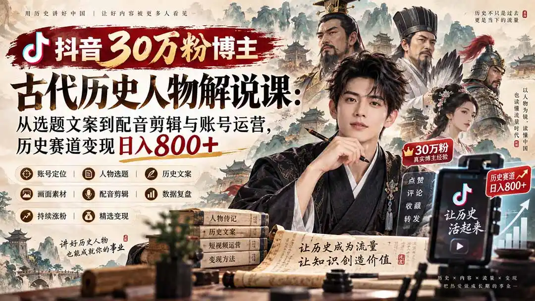 抖音30万粉博主古代历史人物解说课：从选题文案到配音剪辑与账号运营，历史赛道变现日入800+-初创源码资源站